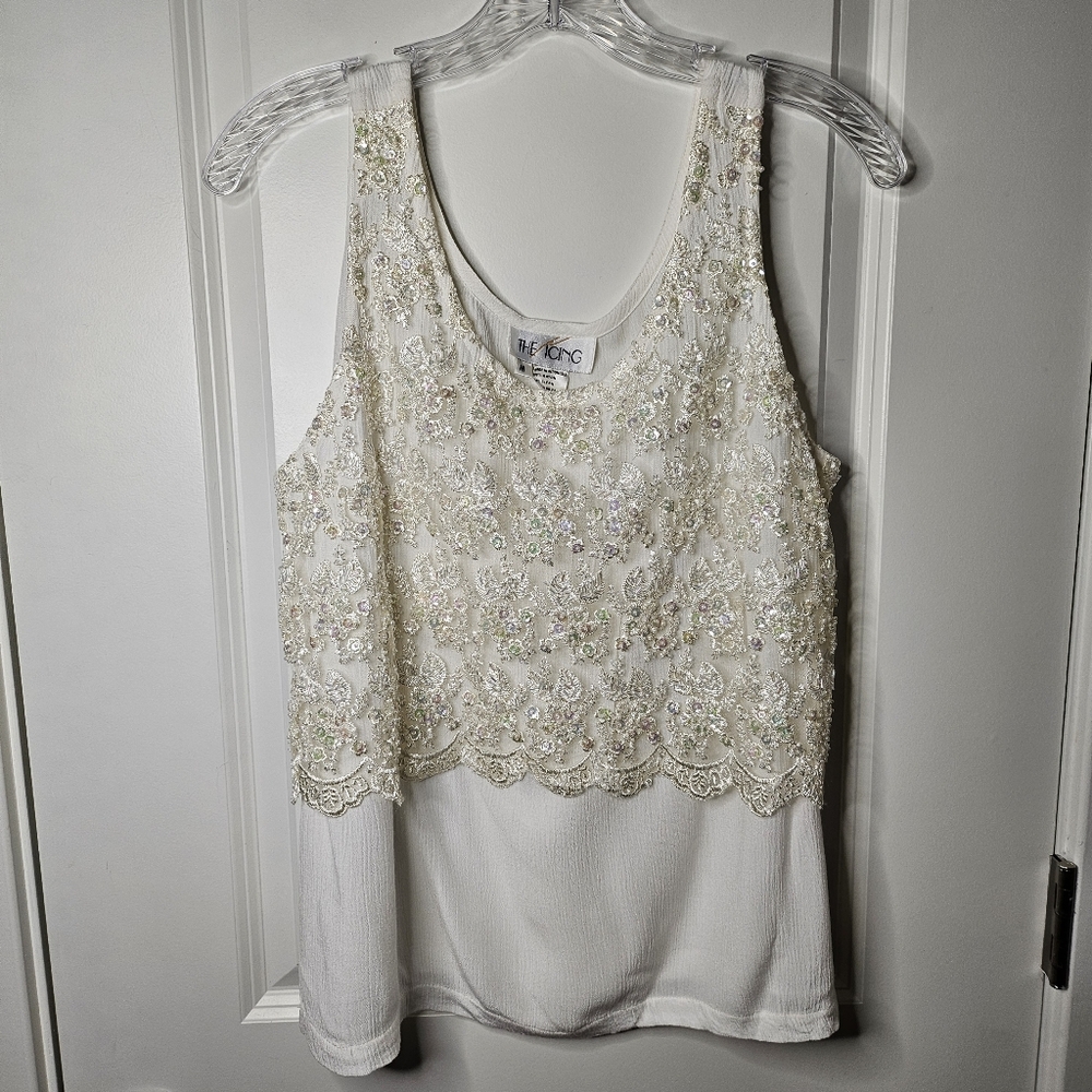 The Icing Beaded Tank Top Ivory Sequin Lace Overlay Size Medium Boho Chic Classy - Picture 3 of 10